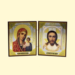 Icône Orthodoxe - Double : La Vierge de Kazan et Jésus Christ,  13x22 cm