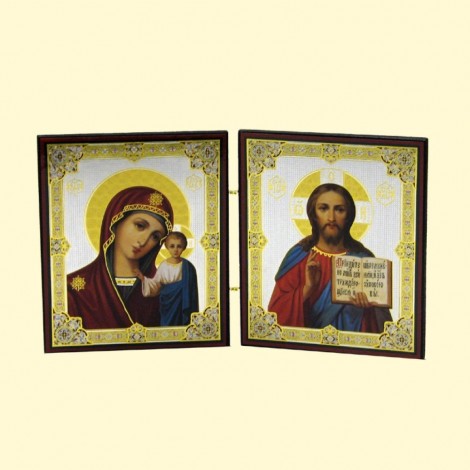 Icône Russe Orthodoxe - Diptyque : La Vierge de Kazan et Jésus Christ,  13x22 cm